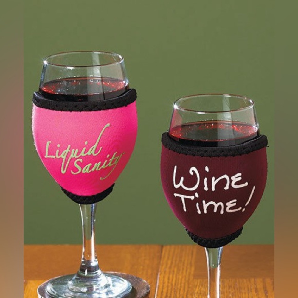 WINOS GLOVIE NWT Set of 2 Wine Glass Insulators Wine Time And Liquid Sanity
